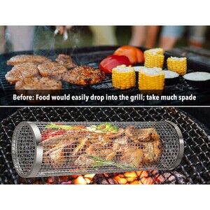 Rolling Grilling Basket, Vegetable Grill Basket, Stainless Steel Grill Mesh Barb